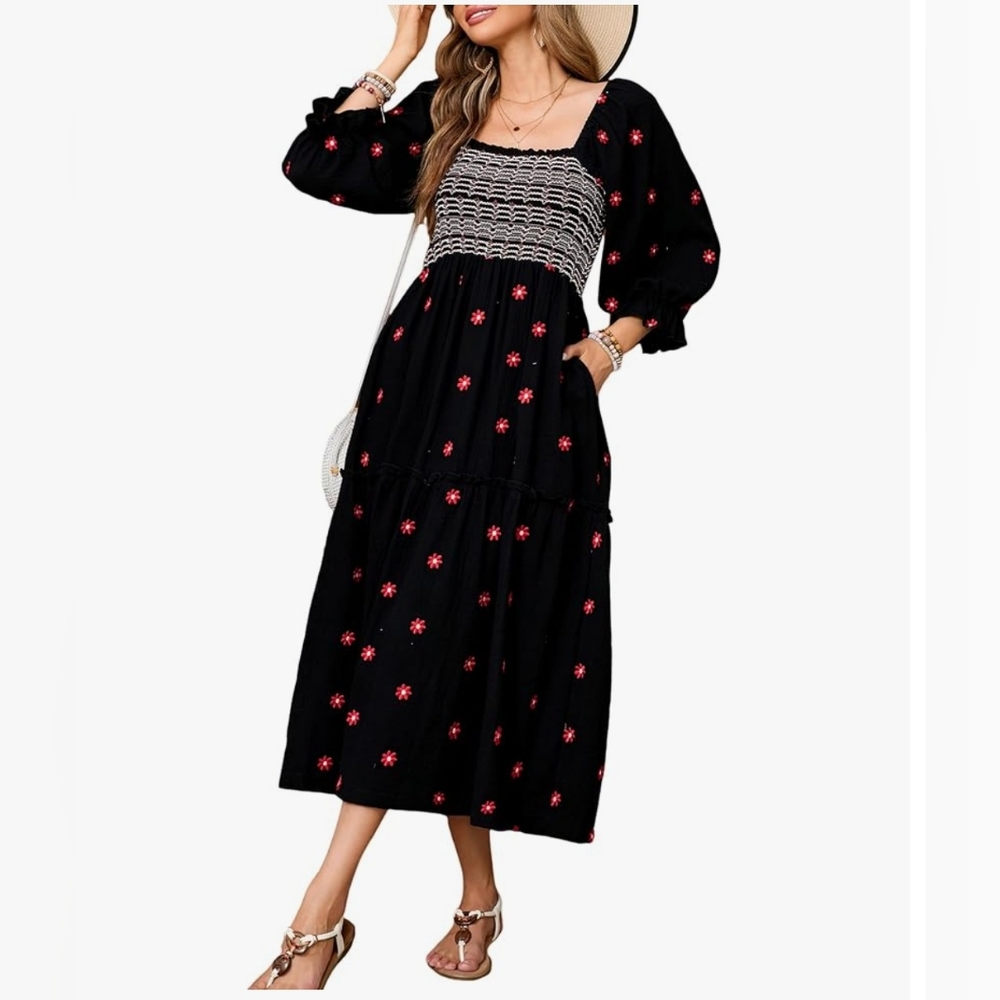 Renaissance Boho Black Smocked Ruffle Dress L Large - Picture 5 of 11
